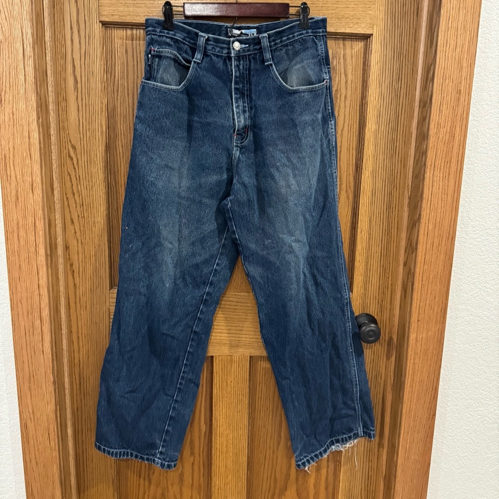 Southpole Y2K Baggy Carpenter Jeans Dark Wash Distressed Hem 32
